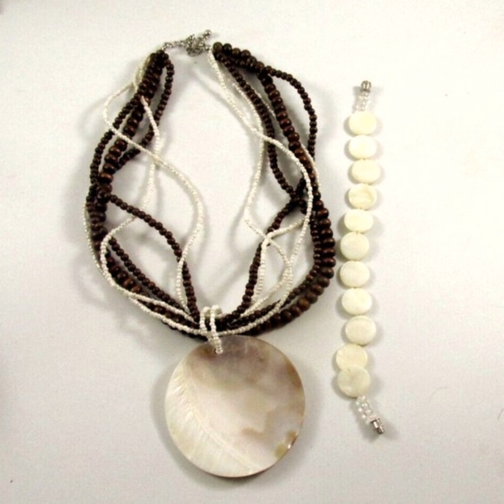 Large Pendant MOP Wood Beaded Necklace & Bracelet Set